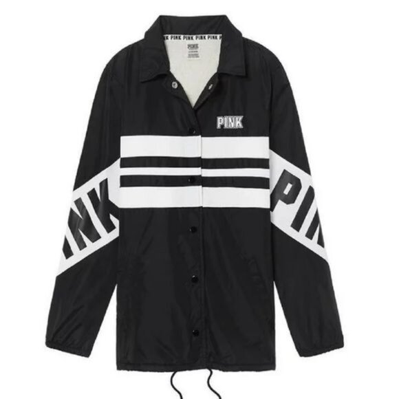 Victoria's Secret Pink Sherpa Lined Snap Button Coaches Jacket Black Logo Small - Picture 1 of 13